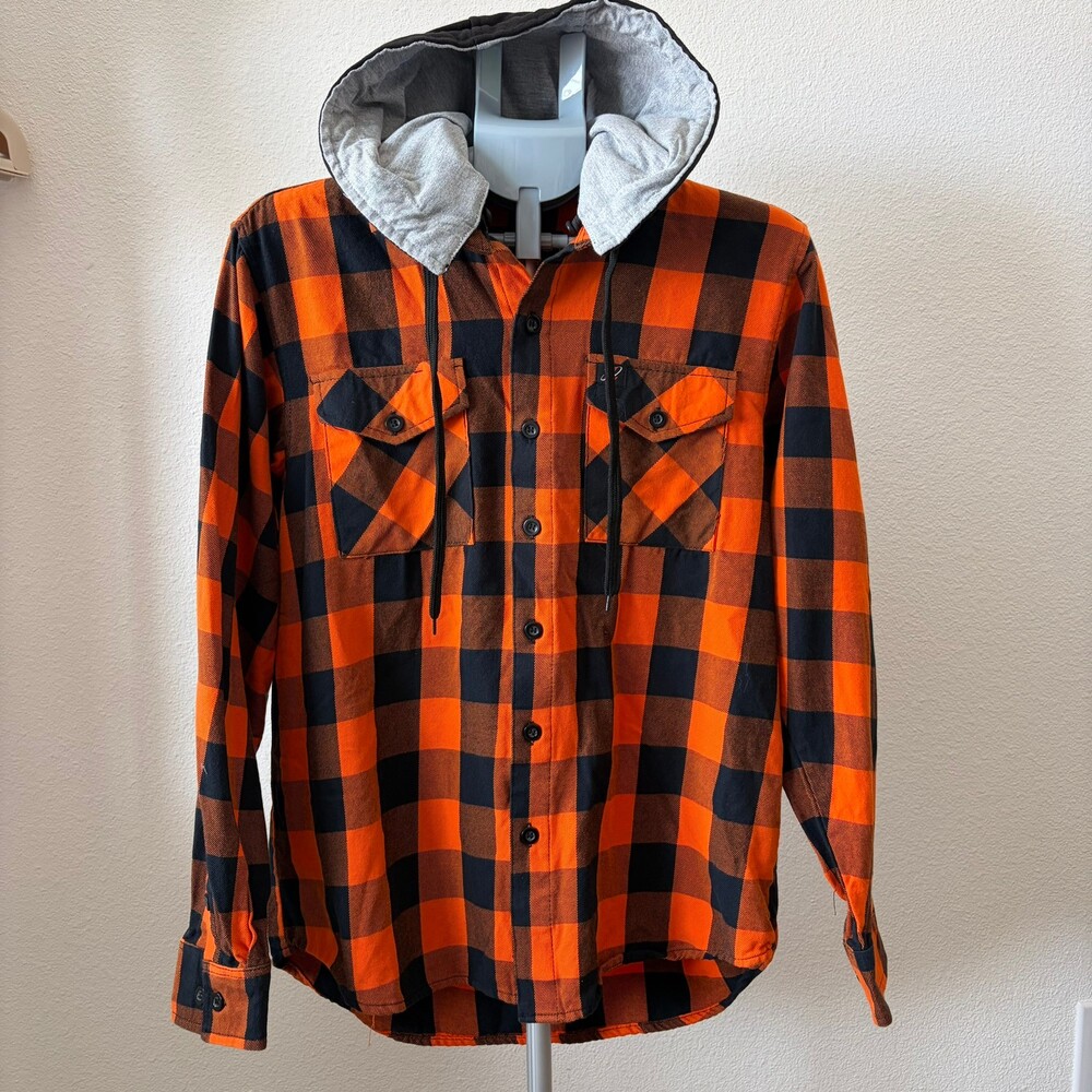 Milwaukee Leather Men's Large Orange Black Buffalo Plaid Hooded Flannel Shirt
